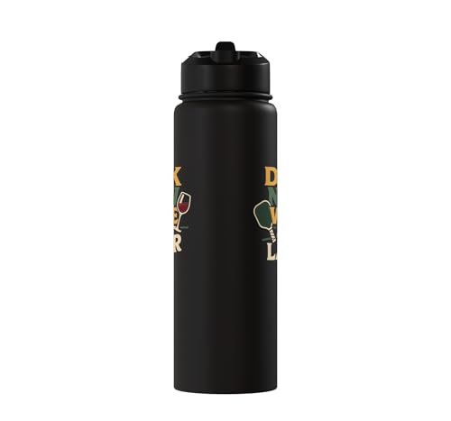 Funny Pickleball Wine Pun Paddle Dink Now Wine Later Stainless Steel Insulated Water Bottle - color: Black