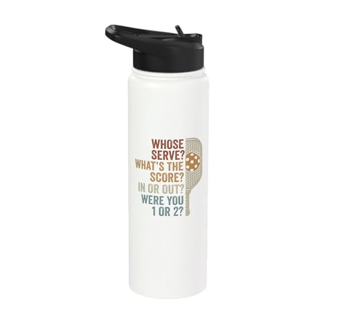 Whose Serve What's the Score Funny Pickleball Questions Stainless Steel Insulated Water Bottle - color: White