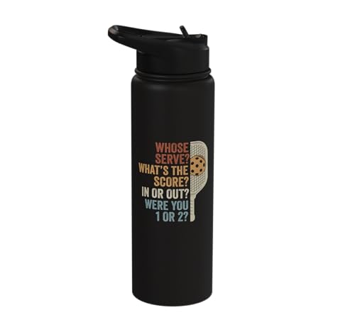 Whose Serve What's the Score Funny Pickleball Questions Stainless Steel Insulated Water Bottle - color: Black