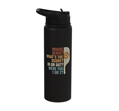 Whose Serve What's the Score Funny Pickleball Questions Stainless Steel Insulated Water Bottle - color: Black