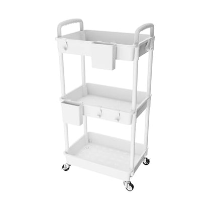 3 Tier Rolling Utility Cart with Handle,REBECAT Utility Cart Made of Multifunctional Storage Organizer Tool for Kitchen,Bathroom,Living Room,Office(White) - color: White