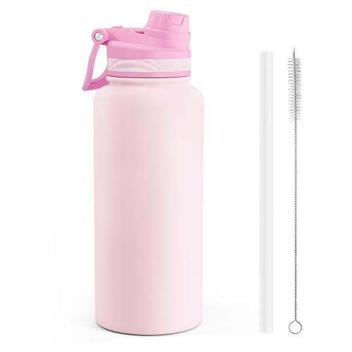 SANDJEST Stainless Steel Water Bottle with Strap 32oz, Insulated Bottles with Straw and Spout Lid for Gym Sports Travel Outdoor, Gifts for Women Girls Birthday Christmas (Pink) - color: Pink
