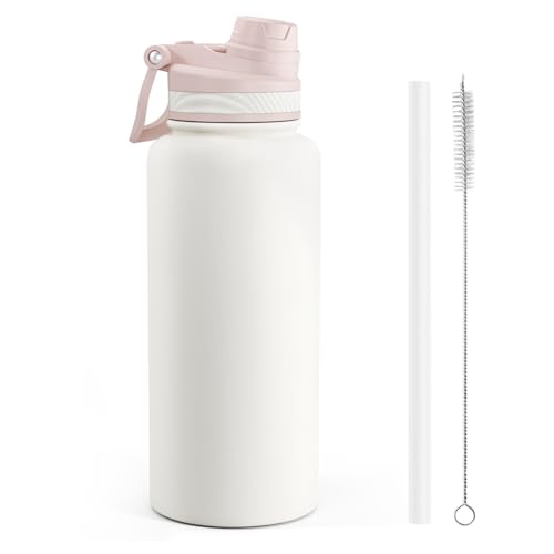 SANDJEST Stainless Steel Water Bottle with Strap 32oz, Insulated Bottles with Straw and Spout Lid for Gym Sports Travel Outdoor, Gifts for Women Girls Birthday Christmas (White) - color: White
