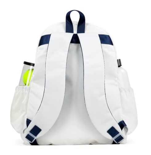 Ame & Lulu Game On Tennis Backpack - Contains Padded & Adjustable Straps - Two Exterior Water Bottle Pockets - color: White/Navy/Green