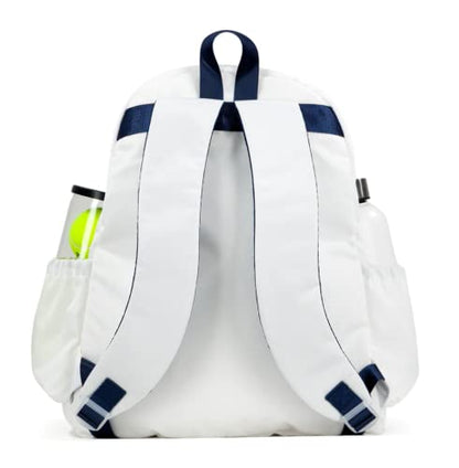 Ame & Lulu Game On Tennis Backpack - Contains Padded & Adjustable Straps - Two Exterior Water Bottle Pockets - color: White/Navy/Green