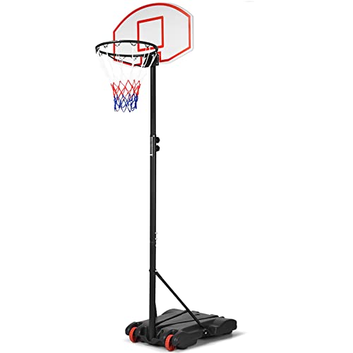 GYMAX Basketball Hoop, 7.1-8.1FT Adjustable Basketball System w/Shatterproof Backboard, Fillable Base, 2 Wheels & Nets, All Weather Portable Basketball Goal for Kids Teens Adults, Indoor Outdoor Gym