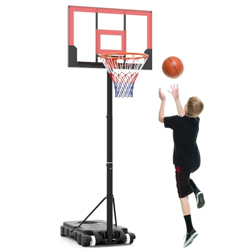 GYMAX Basketball Hoop Outdoor, 3.3-7/10 FT Adjustable Portable Basketball Goal with Wheels, PC Backboard, Fillable Base for Kids, Youth & Adults in Backyard, Driveway, Pool
