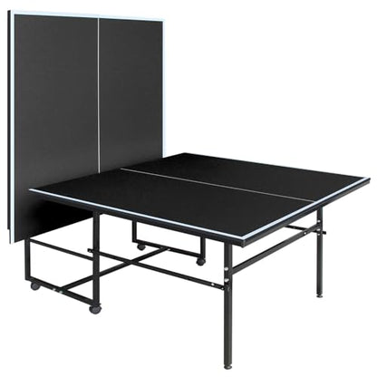 IUNNDS Portable Table Tennis Table 6/8/8.5/9FT Foldable Ping Pong Game Set for Indoor with Net and Post Set, 2 Paddles and 3 Balls - color: Black-9x4.1FT