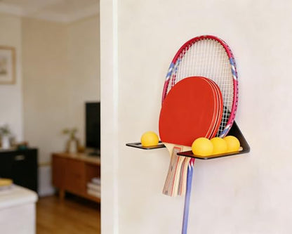 Ping Pong Paddle Holder Wall Mount, Metal Table Tennis Racket Display Rack with Ping Pong Ball Storage Container, Heavy Duty Iron Wall Shelf Organizer for Game Room Home Garage