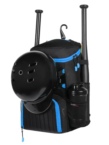 Lightweight Baseball Bat Backpack with Shoe Compartment, Softball Gift for Women with Fence Hook & Batting Glove, Helmet | Multiple Colors - color: black blue