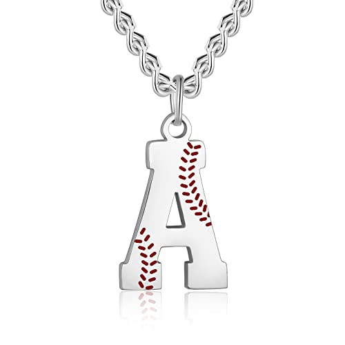AIAINAGI Baseball Initial A-Z Letter Necklace - Men's Baseball Charm Pendant in Stainless Steel Silver Chain, 22inch Personalized Gift - style: A Letter