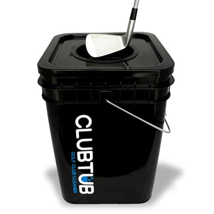 Golf Club Cleaner. 4-Gallon Tub with Dual 9.5" Stiff Polybutylene Scrubbing Brushes, 5-Inch Lid Hole, Hose Connector and Drain with Metal Handle
