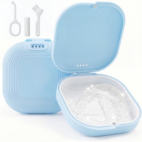 HEMILAB Slim Aligner Case with Vent Holes, Compatible with Invisalign, Cute Case with Removal Tool, Chewies and Brush, Blue/White - color: Sky - Blue