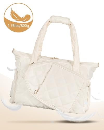 ESTARER Pickleball Tote Bag for Women with Shoe Compartment Large Pickleball Paddle Storage & Fence Hook - color: Off-white
