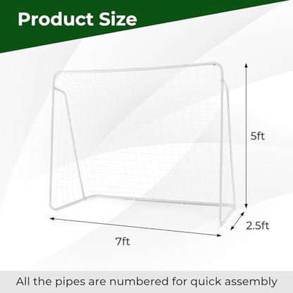 GYMAX Soccer Goal for Backyard, 7 x 5ft Soccer Net w/Heavy Duty Frame & Ground Stakes, Weather-Resistant Soccer Field Equipment for Kids Football Shooting Training, Easy to Setup