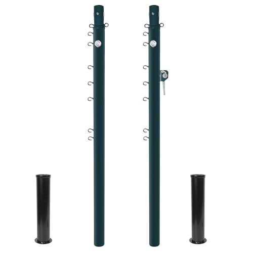 Aoneky Permanent Adjustable Volleyball Post System - Complete Set with 2 Steel Poles & Ground Sleeves, 6 Height Settings for Badminton & Volleyball, Includes Winch for In-Ground Install - color: Green, style: Round