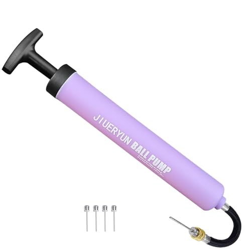 Sports Ball Pump Inflator with 5 Needles (Pin), Dual Action Hand Held Portable Air Pump with pins to Inflate Soccer Ball, Football, Volleyball, Rugby, Netball & Basketball - color: purple