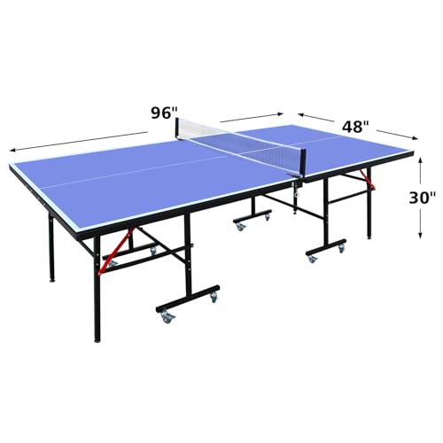 Ping Pong Table Foldable & Portable 6/8/9FT Table Tennis Table Set for Indoor & Outdoor Games with Net & Post, 2 Table Tennis Paddles and 3 Balls (Blue-8FT with Wheels)