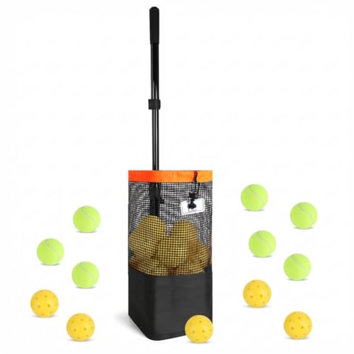 Tennis Ball Hopper & Pickleball Picker Upper, Ball Collector Hopper Holds 60 Tennis Balls or 50 Pickleballs, Adjustable Handle, Heavy-Duty Spring Ball Retriever for Training & Court Practice