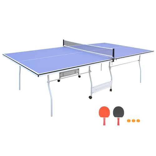 Ping Pong Table Foldable & Portable 6/8/9FT Table Tennis Table Set for Indoor & Outdoor Games with Net & Post, 2 Table Tennis Paddles and 3 Balls - color: Blue-9x5FT
