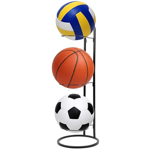 QWORK Basketball Ball Storage Rack – Vertical 3-Tier Design, Wall-Mountable or Freestanding, Space-Saving Solution for Basketball, Football, and Volleyball Storage