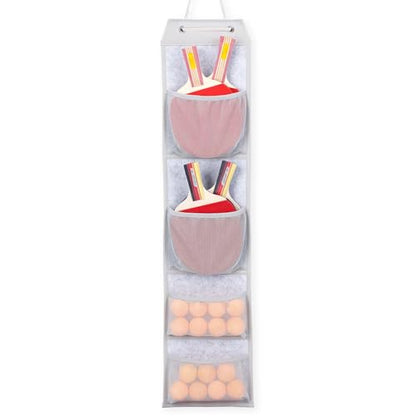 VISEMAN Ping Pong Storage Rack, Table Tennis Racket Holder Wall Mount Organizer for 4 Paddles and Balls - color: Long Gray