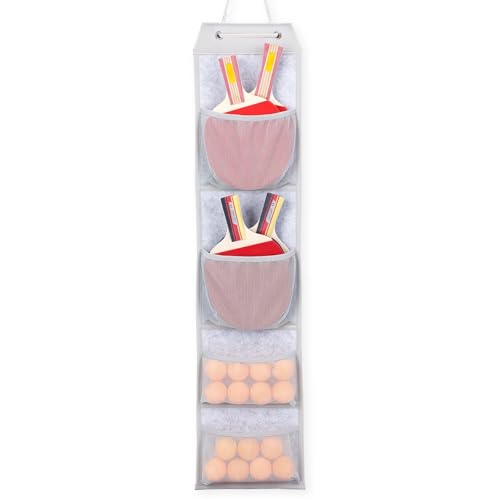 VISEMAN Ping Pong Storage Rack, Table Tennis Racket Holder Wall Mount Organizer for 4 Paddles and Balls - color: Long Gray
