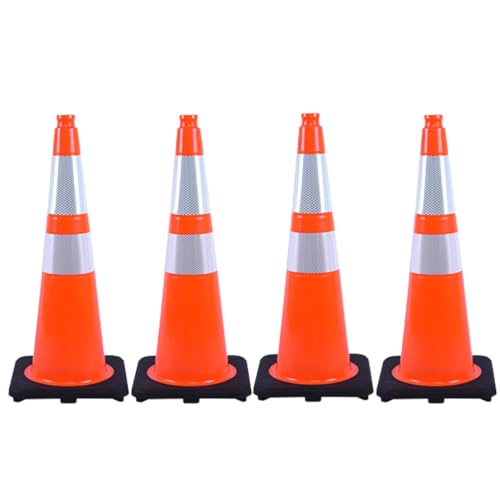 4 Pack 28 Inch Orange PVC Traffic Cones Black Base Stable Flexible, Road Safety Construction Zone Crowd Control Parking Safety Markers (4, Orange, 28 Inch) - color: Orange, size: 28 Inch