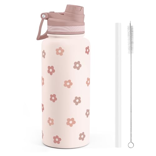 SANDJEST Beige Daisy Stainless Steel Water Bottle with Strap 32oz, Insulated Bottles with Straw and Spout Lid for Gym Sports Travel Outdoor, Gifts for Women Girls Birthday Christmas - color: Daisy 1