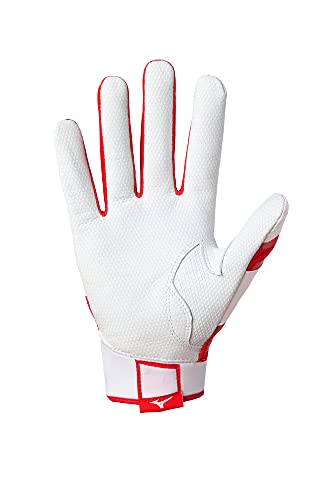 Mizuno B-303 Baseball Batting Gloves | Pair | Adult and Youth | Full Grain Leather Palm | AirMesh Inserts | QuikAdjust Wrist Tab - color: White/Red, size: X-Large, style: B-303 Youth Baseball Batting Glove