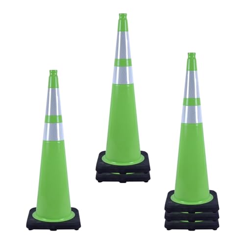 6 Pack Green 36 Inch Black Base Traffic Cones for Construction Zones, Traffic Control, Municipal Work & Worksite Safety (6, Green, 36 Inch) - color: Green, size: 36 Inch