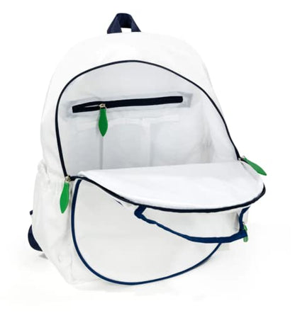 Ame & Lulu Game On Tennis Backpack - Contains Padded & Adjustable Straps - Two Exterior Water Bottle Pockets - color: White/Navy/Green