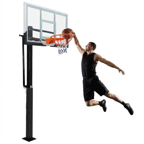 GarveeTech In Ground Basketball System Outdoor, 8-10ft Quick Adjustable Basketball Hoop ＆Goal with 55" Shatterproof Tempered Glass Backboard,