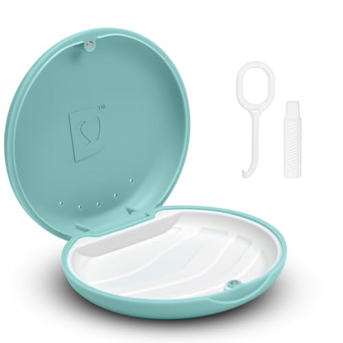 Dandoon Dental Retainer Case – Ventilated with Magnetic Lid and Silicone Pad, Non-Slip Slim Design – Includes Free Aligner Removal Tool & Chewies – Fits Aligners & Mouth Guards (Mint Green-Blue)