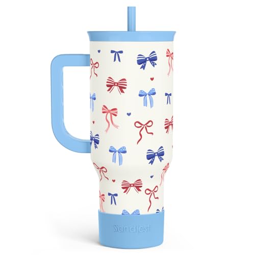 SANDJEST American Flag 40oz Tumbler with Handle and Straw, Insulated Stainless Steel Travel Coffee Mug for Women Girls, Gift Idea for Birthday Christmas 4th of July (Bow) - color: American Flag 1