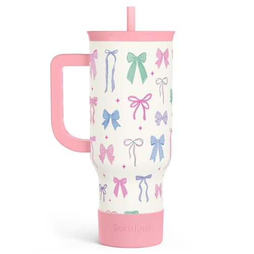 SANDJEST Bow 40oz Tumbler With Handle and Straw, Insulated Stainless Steel Travel Coffee Mug for Women Girls Bow Lovers, Gift Idea for Birthday Christmas Mothers Day - color: Bow 1