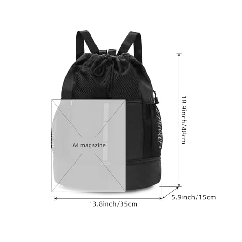 Valleycomfy Drawstring Gym Bag Sports Backpack With Shoe Compartment and Reflective Strips Black - color: Black