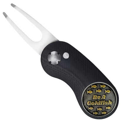 Full Metal Markers Premium Golf Divot Tool with Unique Metal Ball Marker – Pitch Mark Repair Tool for Green and Putting Surface – 1 Divot Tool + 1 Marker - style: Black + Goldfish