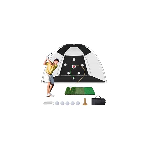 Golf Net, 10x7ft Practice Net with Heavy Tri-Turf Mat, All-in-One Multiple Target Golf Hitting Net, Outdoor Indoor Driving Chipping Training with Target/Mat/Balls/Tee/Bag, Gift for Enthusiasts