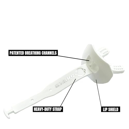 O Shield Striker Football Mouth Guard with Connected Strap, No Boil Brace Friendly Lip Guard for Tackle Football, Youth and Adult - color: White