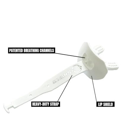 O Shield Striker Football Mouth Guard with Connected Strap, No Boil Brace Friendly Lip Guard for Tackle Football, Youth and Adult - color: White