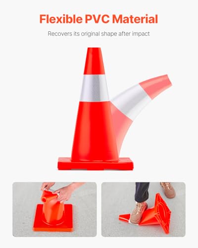VEVOR 12Pack 18" Traffic Cones, Safety Road Parking Cones PVC Base, Orange Traffic Cone with Reflective Collars, Hazard Construction Cones for Home Traffic Parking - size: 18"(12Cones)