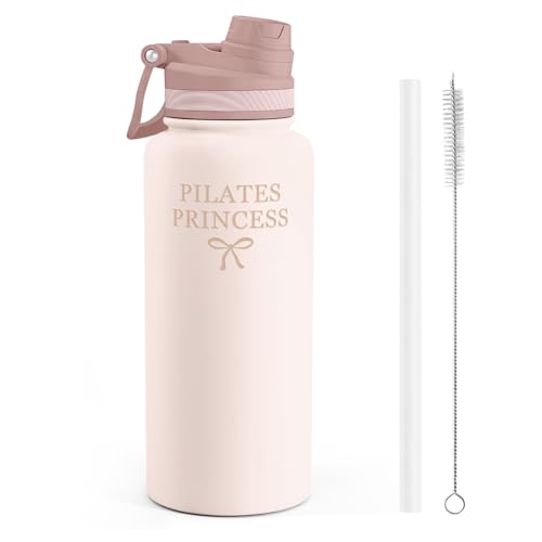 SANDJEST Pilate Stainless Steel Water Bottle with Strap 32oz, Insulated Bottles with Straw and Spout Lid for Gym Sports Travel Outdoor, Gifts for Women Girls Birthday Christmas - color: Pilates