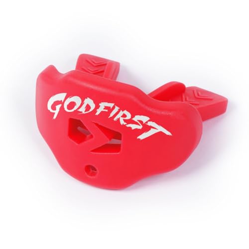 Youth Football Mouth Guard – Lip Guard Mouthpiece with Strap – Comfortable Fit – Sleefs - color: God First Red