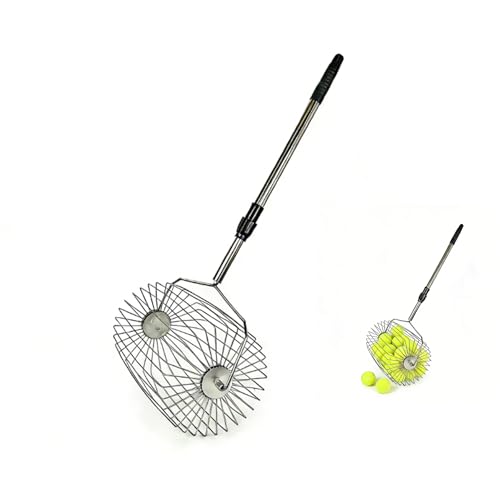 Stainless Steel Tennis Ball Picker Upper Adjustable Cylinder Hopper with Hangable Handle, Portable Tennis Ball Collector and Basket for Easy Pickup and Training, Holds 60+ Balls