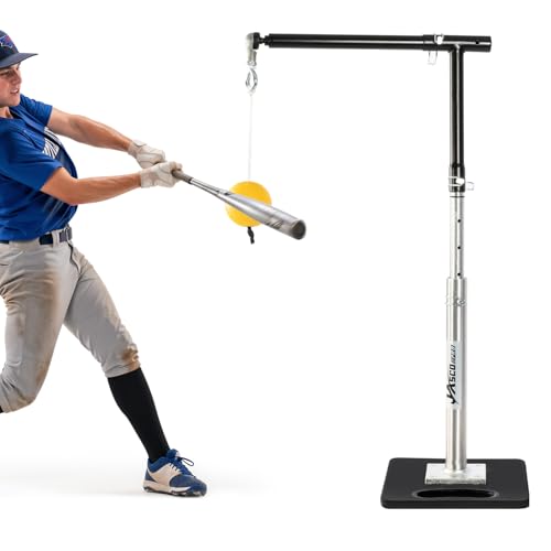 JASCOPRO Adjustable Baseball Hitting Trainer with Solid Metal Base, Aluminum Pole Batting Trainer with Ball and Cord, 10–33 Inch Height Adjustable Swing Trainer for Baseball & Softball Practice