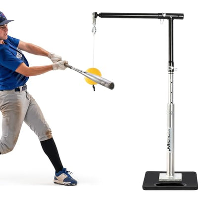 JASCOPRO Adjustable Baseball Hitting Trainer with Solid Metal Base, Aluminum Pole Batting Trainer with Ball and Cord, 10–33 Inch Height Adjustable Swing Trainer for Baseball & Softball Practice