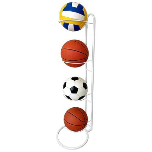 Ball Storage Rack, White Metal, 4-Tier Vertical Organizer for Basketball, Soccer, Volleyball, Sports Equipment Holder (4-Tier) - size: 4-Tier