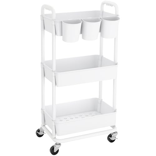 JIUYOTREE 3-Tier Plastic Rolling Storage Cart Utility Cart with Extra Hanging Cups Handles Lockable Wheels for Living Room Bathroom Kitchen Office White - color: White, size: 3-Tier