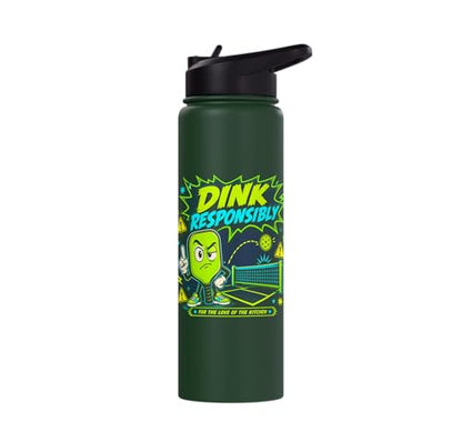 Dink Responsibly Pickleball Kitchen Court Stainless Steel Insulated Water Bottle - color: Dark Green